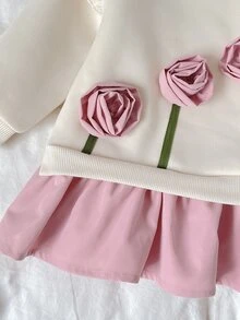 SHEIN 嬰兒可愛花卉拼色長袖洋裝 - 杏色 - 查看 3