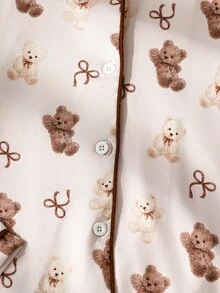 青少年女孩熊圖案滿版印花對比滾邊睡衣套裝 - 粉色 - 查看 8