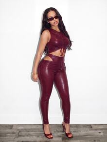 BamGleam Women's Solid Color Pleated Top And Leggings Casual Everyday 2 Pieces Set - Burgundy - View 3