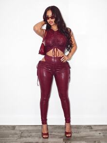 BamGleam Women's Solid Color Pleated Top And Leggings Casual Everyday 2 Pieces Set - Burgundy - View 1