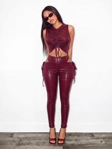 BamGleam Women's Solid Color Pleated Top And Leggings Casual Everyday 2 Pieces Set - Burgundy - View 6
