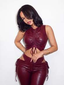 BamGleam Women's Solid Color Pleated Top And Leggings Casual Everyday 2 Pieces Set - Burgundy - View 4