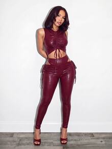 BamGleam Women's Solid Color Pleated Top And Leggings Casual Everyday 2 Pieces Set - Burgundy - View 5
