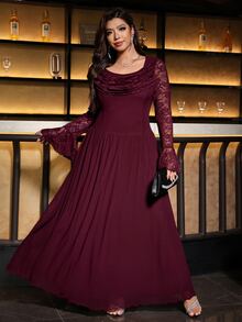 Reflora Plus Size Elegant Pleated Lace Dress - Burgundy - View 8