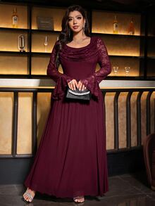 Reflora Plus Size Elegant Pleated Lace Dress - Burgundy - View 4