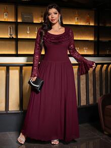 Reflora Plus Size Elegant Pleated Lace Dress - Burgundy - View 6