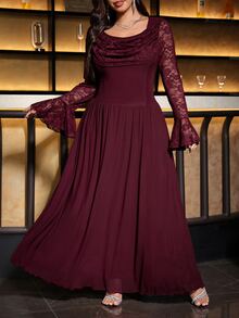 Reflora Plus Size Elegant Pleated Lace Dress - Burgundy - View 3