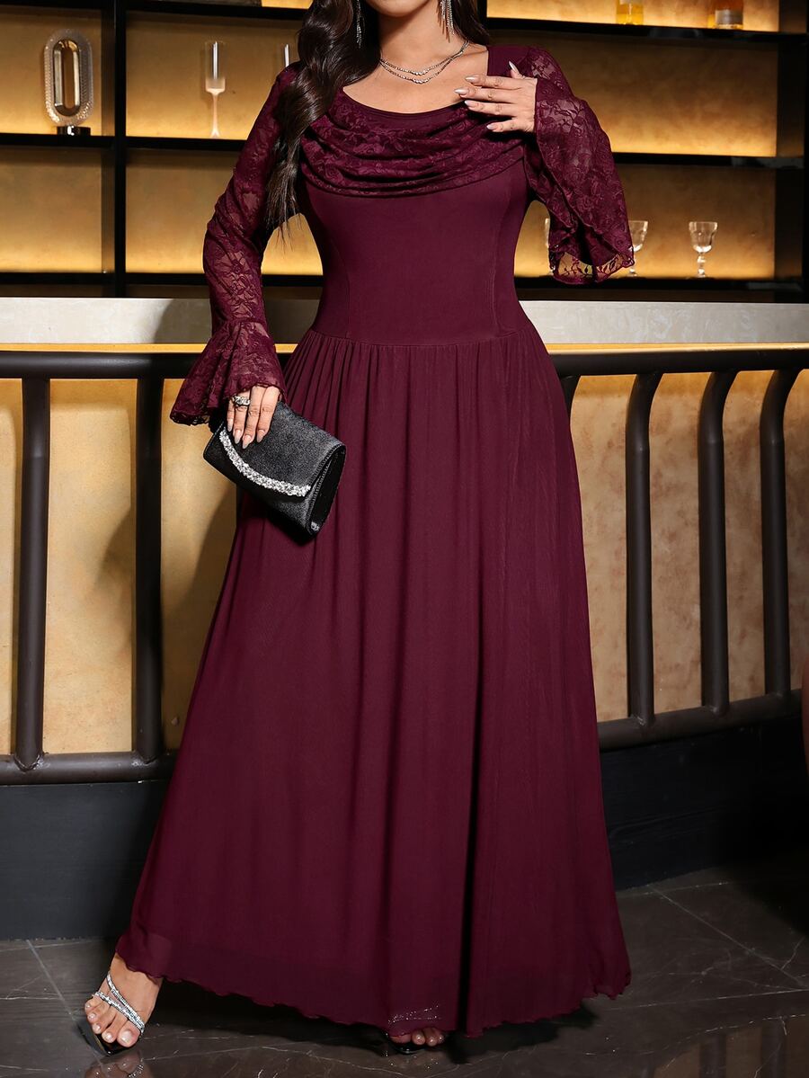 Reflora Plus Size Elegant Pleated Lace Dress - Burgundy - View 1