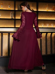 Reflora Plus Size Elegant Pleated Lace Dress - Burgundy - View 2