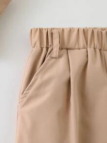 SHEIN 夏季少女卡其色休閒兩件套，蝴蝶結前襟無袖上衣搭配寬腿長褲，V領鈕扣前開襟返校穿搭 - 卡其色 - 查看 6