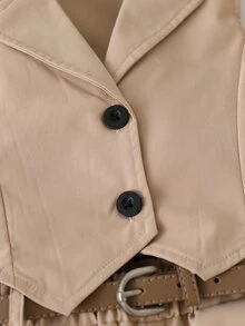SHEIN 夏季少女卡其色休閒兩件套，蝴蝶結前襟無袖上衣搭配寬腿長褲，V領鈕扣前開襟返校穿搭 - 卡其色 - 查看 9