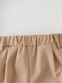 SHEIN 夏季少女卡其色休閒兩件套，蝴蝶結前襟無袖上衣搭配寬腿長褲，V領鈕扣前開襟返校穿搭 - 卡其色 - 查看 7