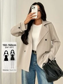 SHEIN PETITE Khaki Casual Women's Trench Coat With Lapel Collar And Pockets In Regular Length - Khaki - View 8