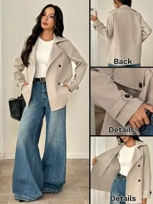SHEIN PETITE Khaki Casual Women's Trench Coat With Lapel Collar And Pockets In Regular Length - Khaki - View 2