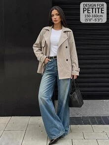 SHEIN PETITE Khaki Casual Women's Trench Coat With Lapel Collar And Pockets In Regular Length - Khaki - View 1