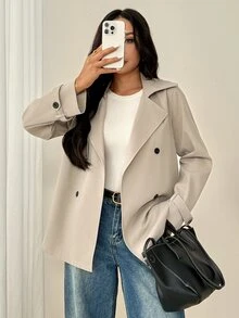 SHEIN PETITE Khaki Casual Women's Trench Coat With Lapel Collar And Pockets In Regular Length - Khaki - View 7