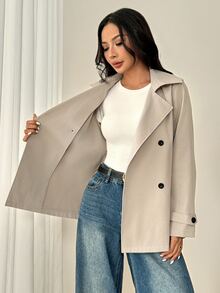 SHEIN PETITE Khaki Casual Women's Trench Coat With Lapel Collar And Pockets In Regular Length - Khaki - View 13