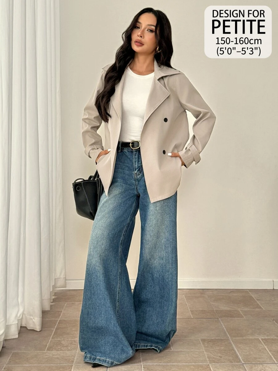 SHEIN PETITE 卡其色休閒女款風衣,翻領設計,附口袋,標準長度 - 卡其色 - 查看 1