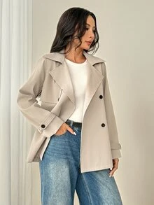 SHEIN PETITE Khaki Casual Women's Trench Coat With Lapel Collar And Pockets In Regular Length - Khaki - View 4