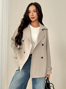SHEIN PETITE Khaki Casual Women's Trench Coat With Lapel Collar And Pockets In Regular Length - Khaki - View 6