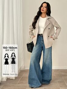 SHEIN PETITE Khaki Casual Women's Trench Coat With Lapel Collar And Pockets In Regular Length - Khaki - View 10