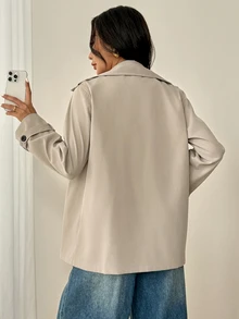 SHEIN PETITE Khaki Casual Women's Trench Coat With Lapel Collar And Pockets In Regular Length - Khaki - View 12