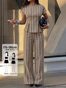 SHEIN Tall Striped Print Batwing Sleeve Top & Pants - Khaki - View 1