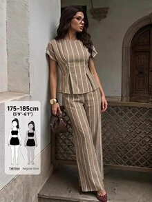SHEIN Tall Striped Print Batwing Sleeve Top & Pants - Khaki - View 5