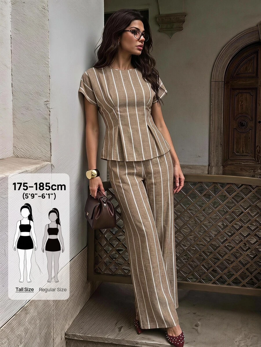 SHEIN Tall 條紋印花蝙蝠袖上衣與長褲套裝 - 卡其色 - 查看 1
