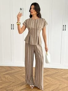 SHEIN Tall Striped Print Batwing Sleeve Top & Pants - Khaki - View 7