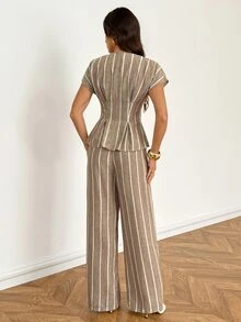 SHEIN Tall Striped Print Batwing Sleeve Top & Pants - Khaki - View 2