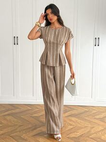 SHEIN Tall Striped Print Batwing Sleeve Top & Pants - Khaki - View 6