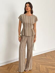 SHEIN Tall Striped Print Batwing Sleeve Top & Pants - Khaki - View 4