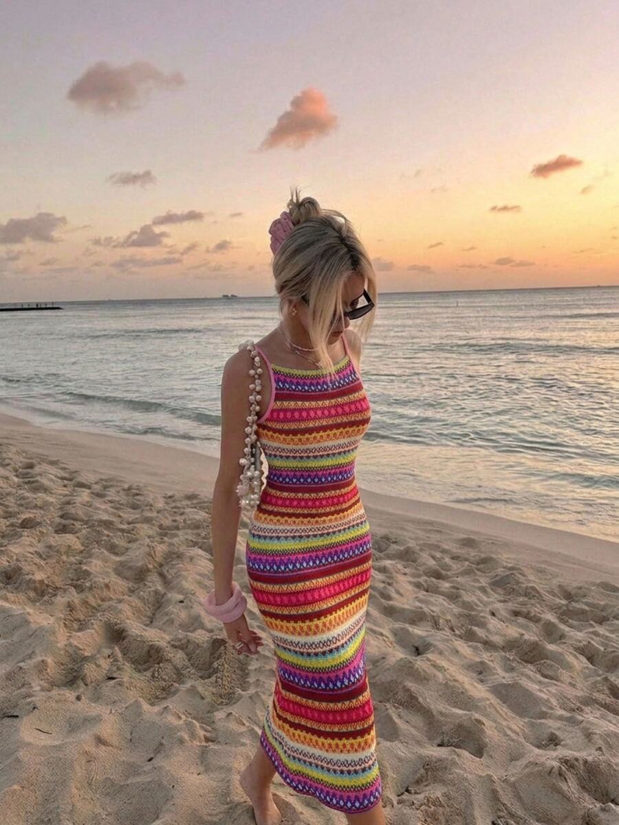 Skyraze Geo Print Mermaid Hem Cami Dress - Hot Pink - View 1