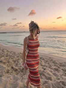 Skyraze Print Mermaid Hem Cami Dress - Khaki - View 1