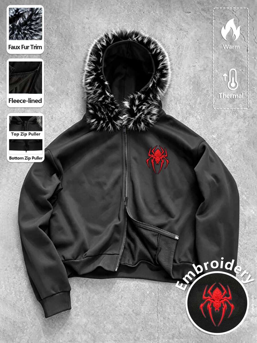 Manfinity EMRG Men's Cropped Y2K ZipUp Faux Fur Trim Jacket, SpiderEmbroidered Goth Streetwear Hoodie - White - View 1