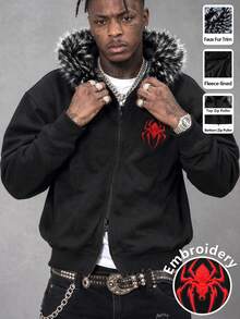 Manfinity EMRG Men's Cropped Y2K ZipUp Faux Fur Trim Jacket, SpiderEmbroidered Goth Streetwear Hoodie - White - View 9