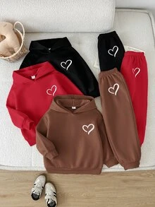 LMoss Kids Kids Young Girl Knit Solid Color Heart Pattern Hooded Casual Sweatshirt & Long Autumn Pants 6pcs -Piece Set - Black - View 1