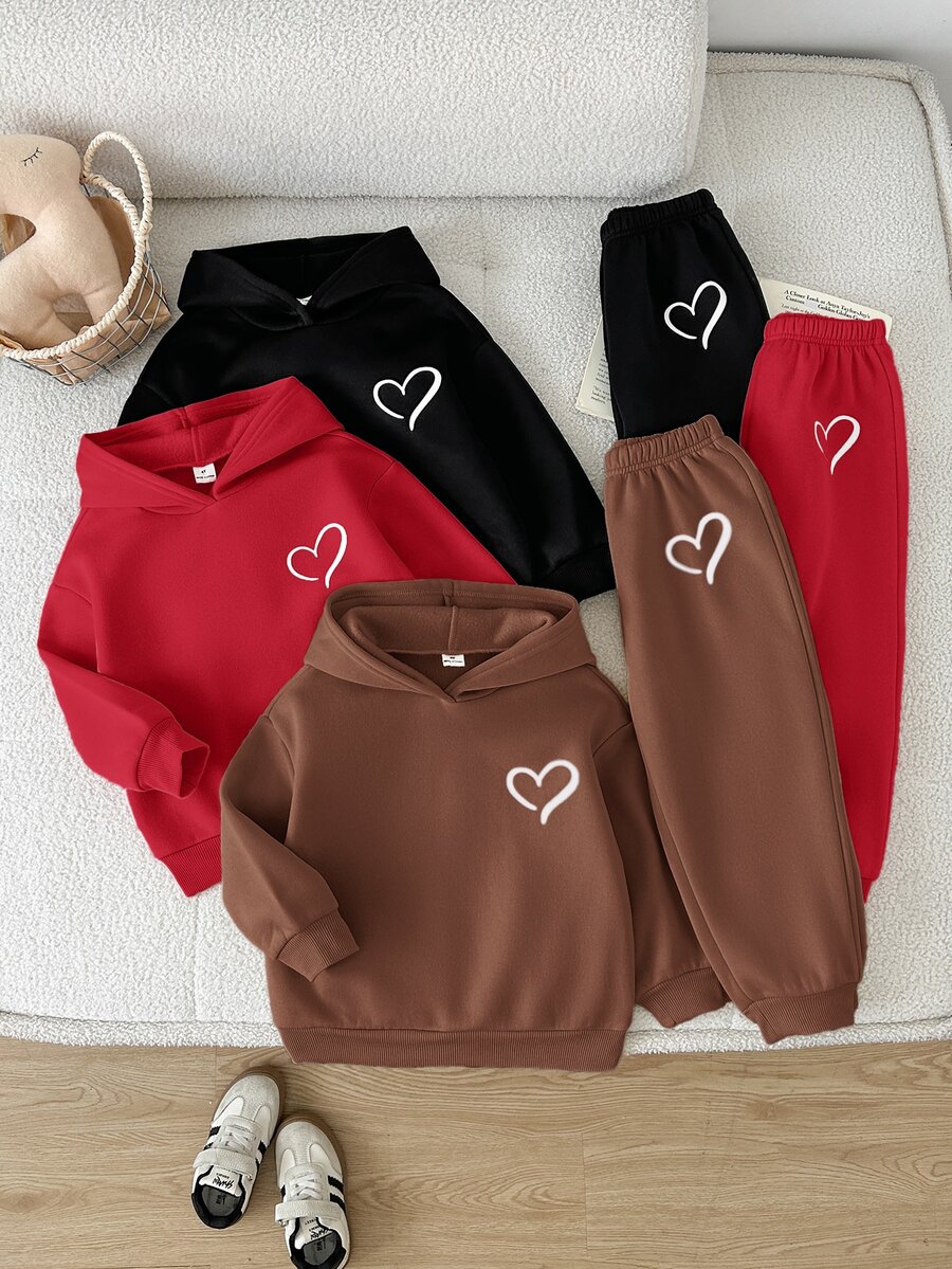 LMoss Kids Kids Young Girl Knit Solid Color Heart Pattern Hooded Casual Sweatshirt & Long Autumn Pants 6pcs -Piece Set - Black - View 1
