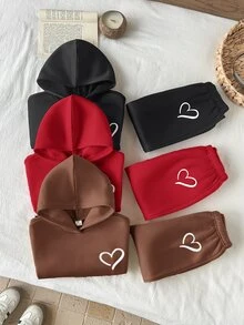 LMoss Kids Kids Young Girl Knit Solid Color Heart Pattern Hooded Casual Sweatshirt & Long Autumn Pants 6pcs -Piece Set - Black - View 5