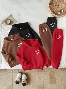 LMoss Kids Kids Young Girl Knit Solid Color Heart Pattern Hooded Casual Sweatshirt & Long Autumn Pants 6pcs -Piece Set - Black - View 6