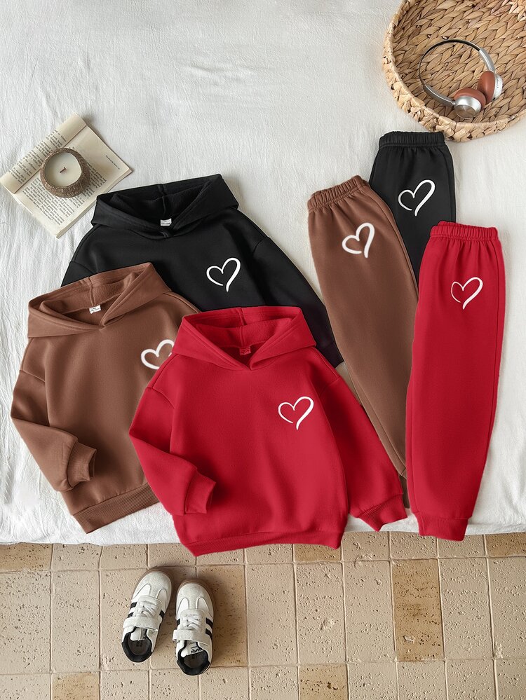LMoss Kids Kids Young Girl Knit Solid Color Heart Pattern Hooded Casual Sweatshirt & Long Autumn Pants 6pcs -Piece Set - Black - View 6
