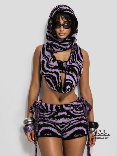 MUSERA Conjunto de Bralette de Malha com Estampa Abstrata Roxa, Micro Shorts e Capuz, Verão, Outono, Inverno, Festival, Feriado, Férias, Saída, Pantha