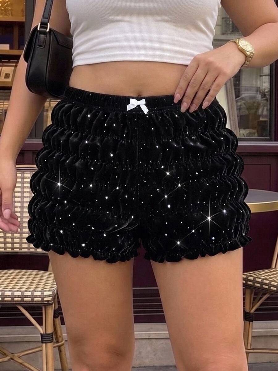 SHEIN MOD Plus Size Vintage Black Velvet Rhinestone Shorts, Sweet Girl Holiday Outfit, Halloween Outfit,
