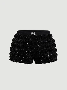SHEIN MOD Plus Size Vintage Black Velvet Rhinestone Shorts, Sweet Girl Holiday Outfit, Halloween Outfit, - Black - View 6