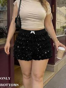 SHEIN MOD Plus Size Vintage Black Velvet Rhinestone Shorts, Sweet Girl Holiday Outfit, Halloween Outfit, - Black - View 8