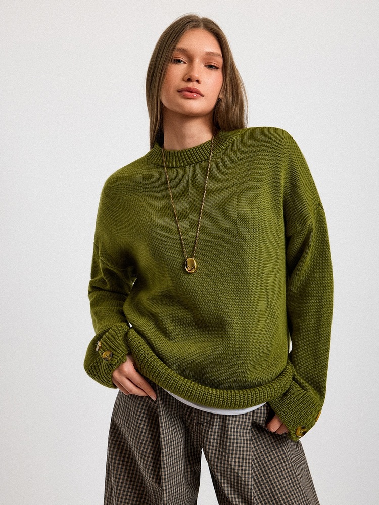 SHEIN Women Button Sleeve Detailed Round Neck Casual Cozy Sweater - Olive Green - View 4