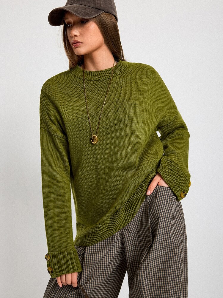 SHEIN Women Button Sleeve Detailed Round Neck Casual Cozy Sweater - Olive Green - View 6