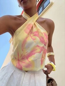Lavishia 女款夏季橘色花卉印花上衣 浪漫度假海灘穿搭 - 彩色 - 查看 1