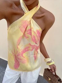 Lavishia 女款夏季橘色花卉印花上衣 浪漫度假海灘穿搭 - 彩色 - 查看 8